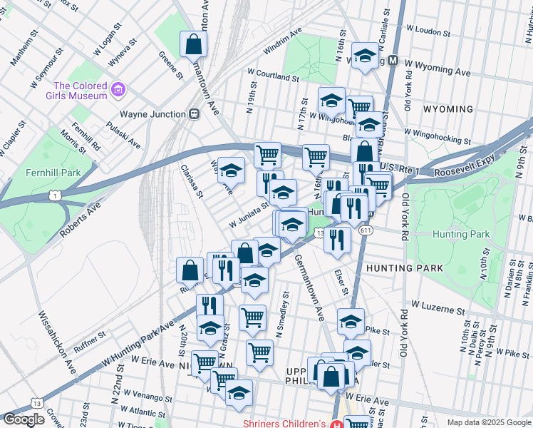 map of restaurants, bars, coffee shops, grocery stores, and more near 1709 Dounton Street in Philadelphia