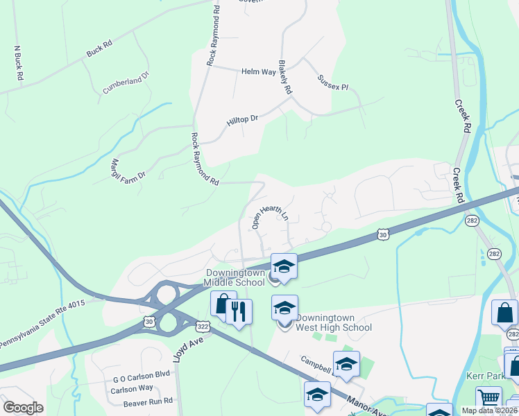 map of restaurants, bars, coffee shops, grocery stores, and more near 1501 Iron Horse Court in Downingtown