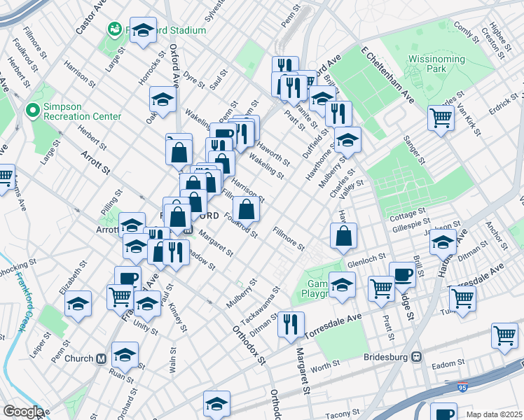 map of restaurants, bars, coffee shops, grocery stores, and more near 4831 Duffield Street in Philadelphia