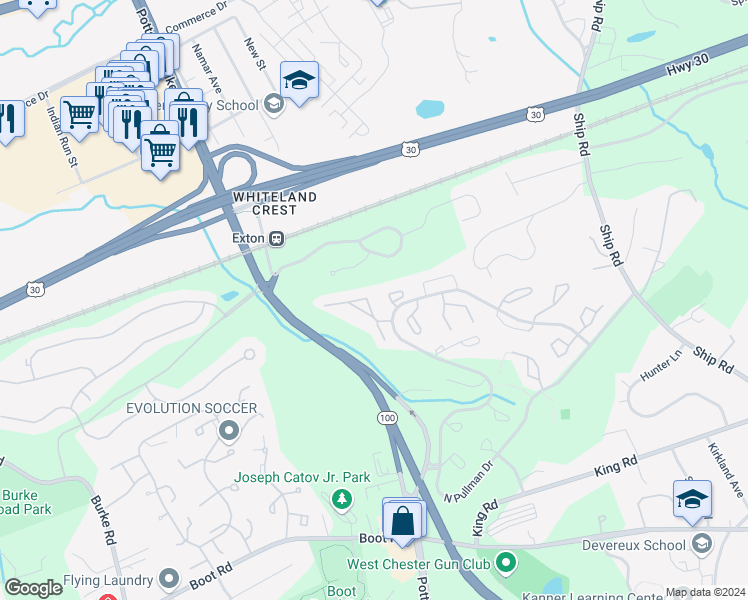 map of restaurants, bars, coffee shops, grocery stores, and more near 375 Hartford Square in West Chester