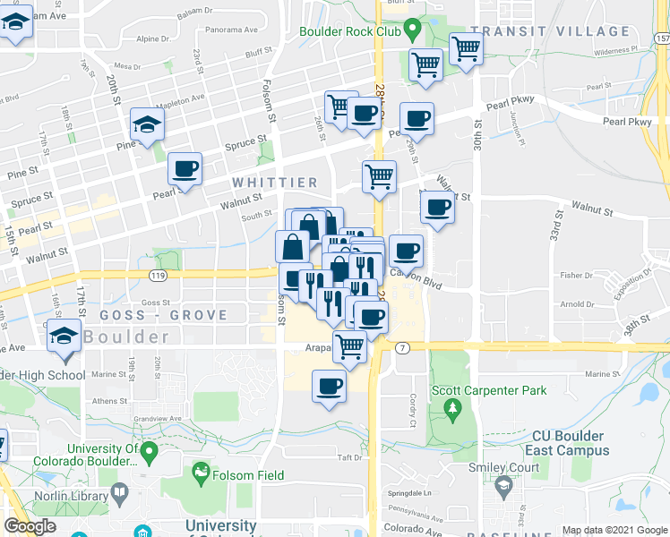 map of restaurants, bars, coffee shops, grocery stores, and more near Canyon Blvd & 26th St in Boulder