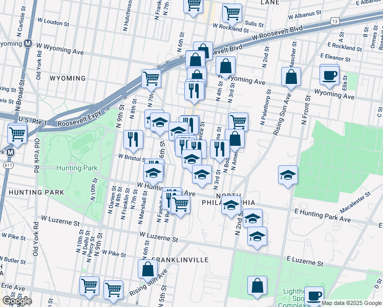 map of restaurants, bars, coffee shops, grocery stores, and more near 446 Saint Luke Street in Philadelphia