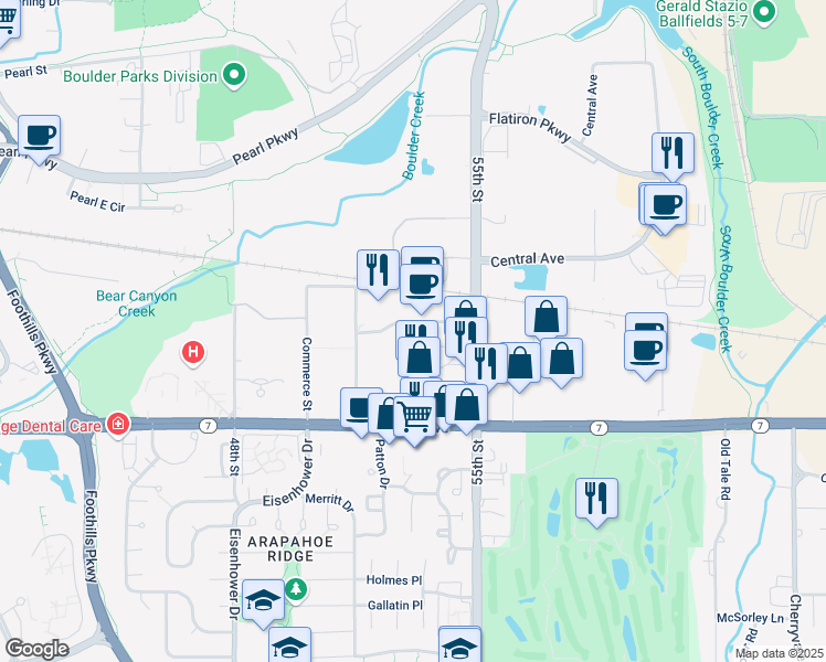 map of restaurants, bars, coffee shops, grocery stores, and more near 1700-1780 Conestoga Street in Boulder