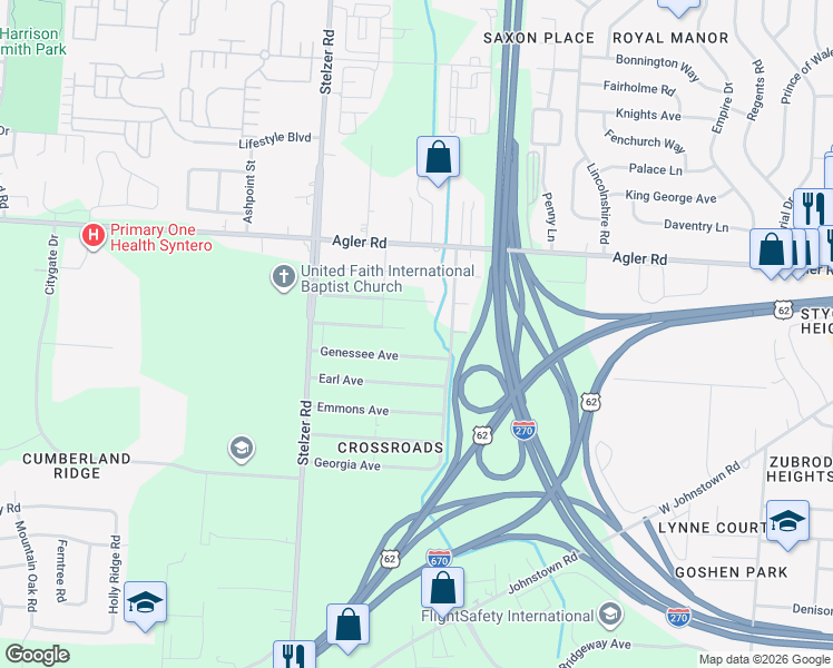 map of restaurants, bars, coffee shops, grocery stores, and more near 3820 Genessee Avenue in Columbus