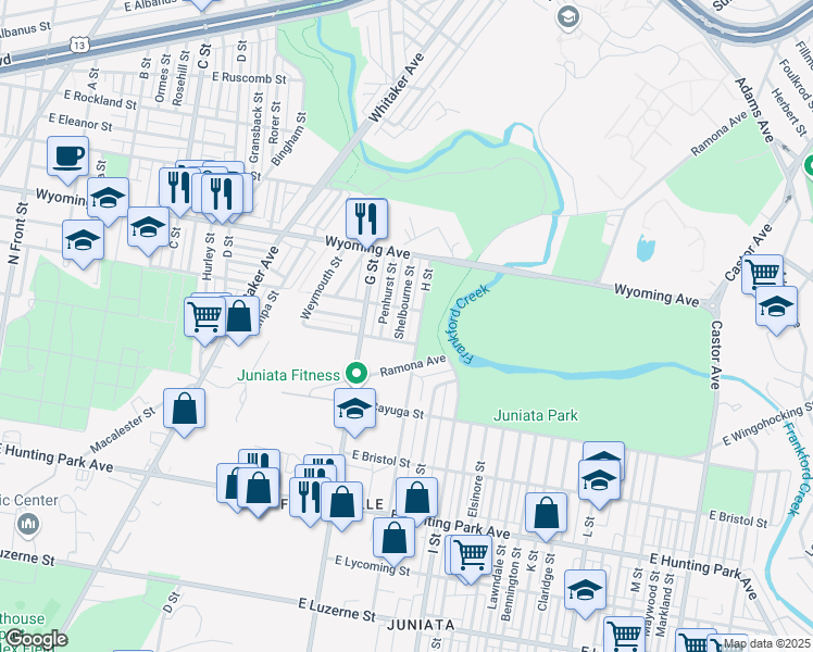 map of restaurants, bars, coffee shops, grocery stores, and more near 4583 Shelbourne Street in Philadelphia