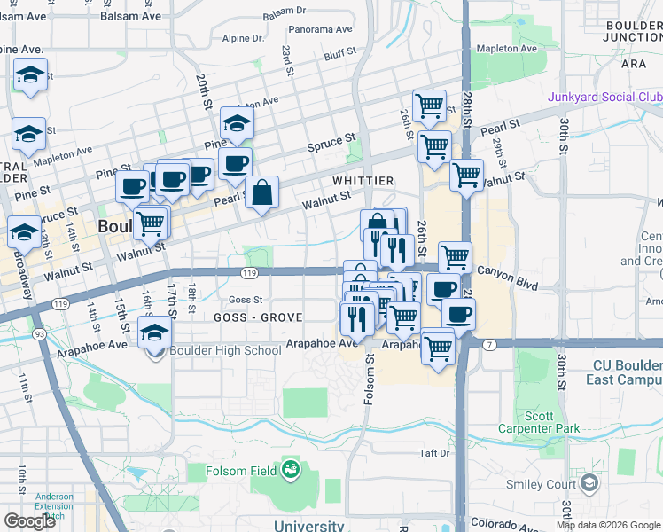 map of restaurants, bars, coffee shops, grocery stores, and more near 2228 Canyon Boulevard in Boulder