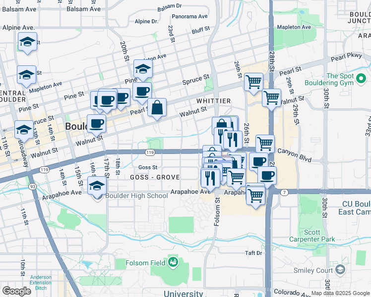 map of restaurants, bars, coffee shops, grocery stores, and more near 2228 Canyon Boulevard in Boulder