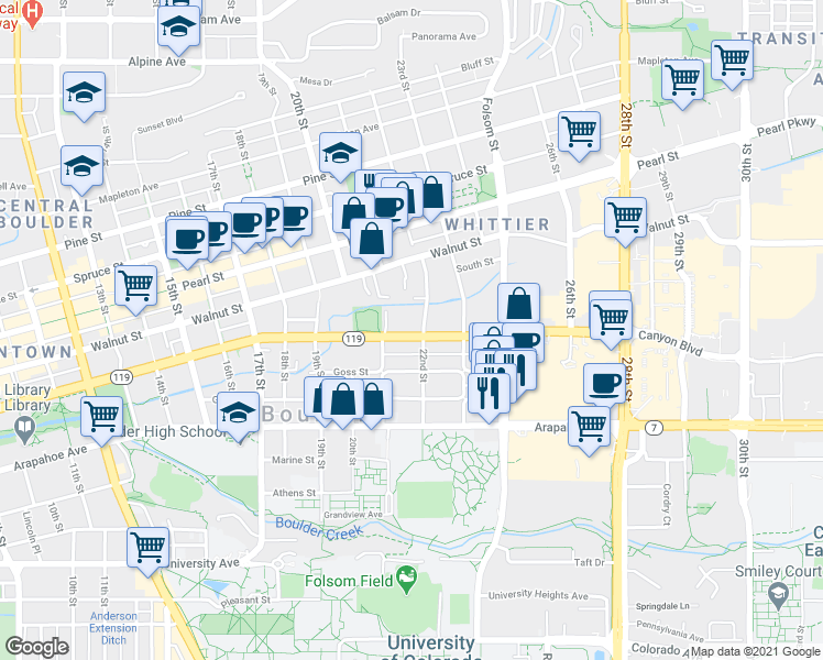map of restaurants, bars, coffee shops, grocery stores, and more near 2120 Canyon Boulevard in Boulder