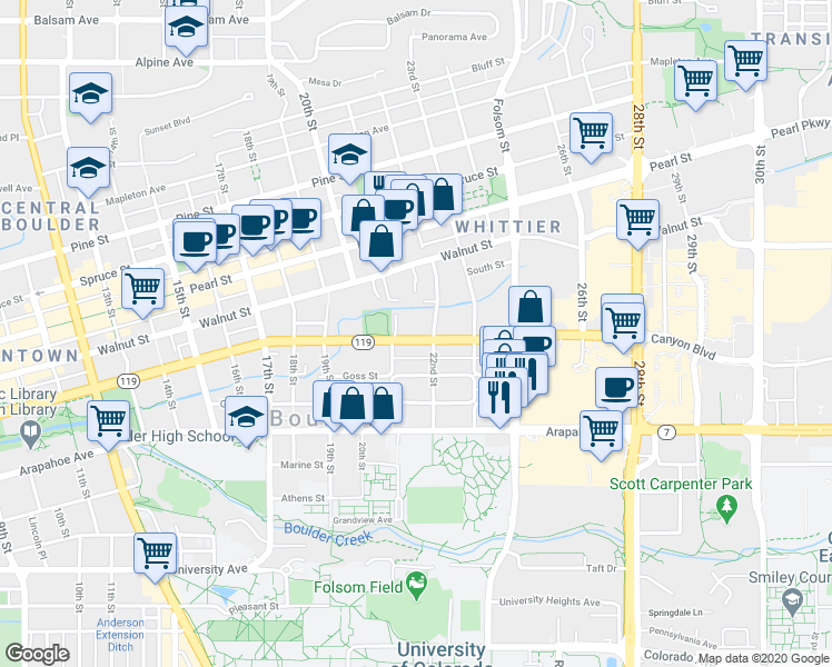 map of restaurants, bars, coffee shops, grocery stores, and more near 2120 Canyon Boulevard in Boulder