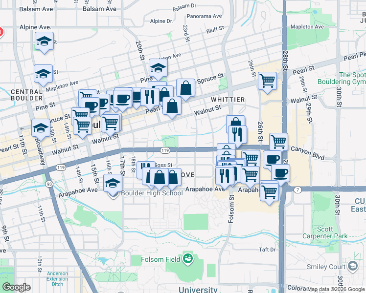 map of restaurants, bars, coffee shops, grocery stores, and more near 2120 Canyon Boulevard in Boulder