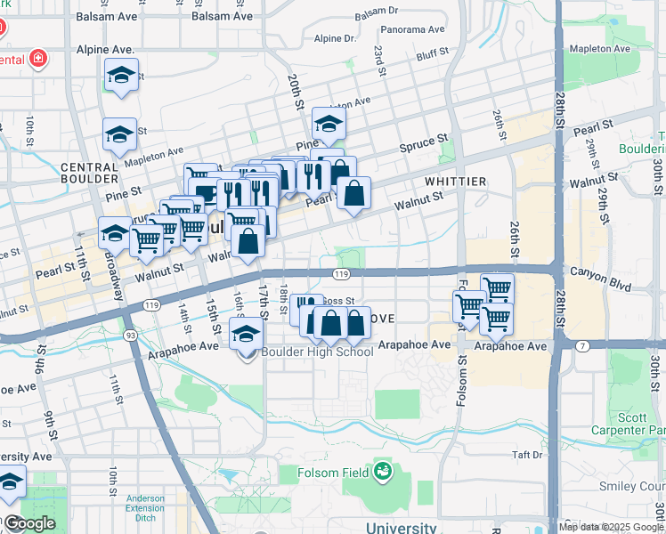 map of restaurants, bars, coffee shops, grocery stores, and more near 1900 Canyon Boulevard in Boulder