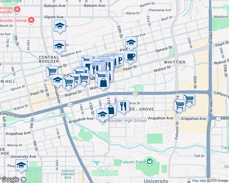 map of restaurants, bars, coffee shops, grocery stores, and more near 1802 Canyon Boulevard in Boulder