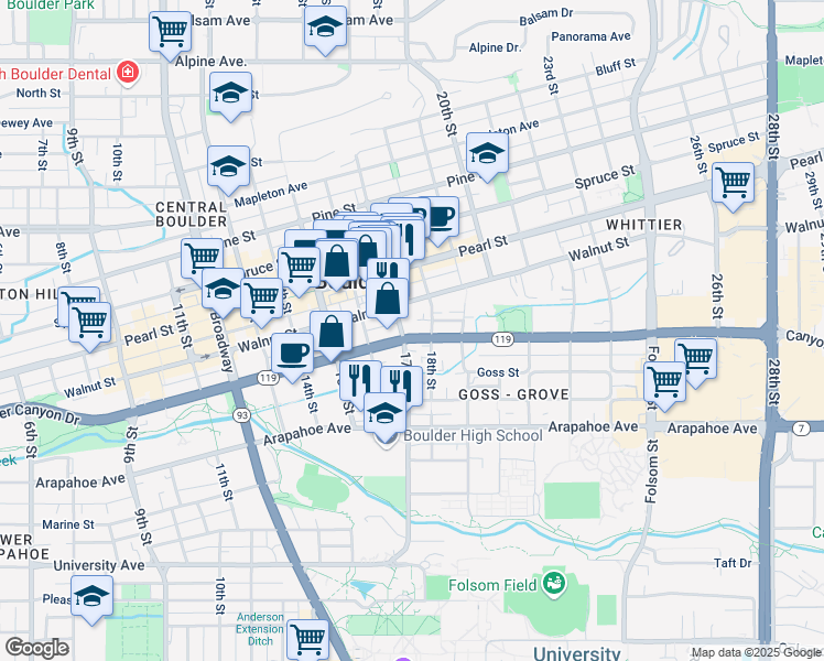 map of restaurants, bars, coffee shops, grocery stores, and more near in Boulder