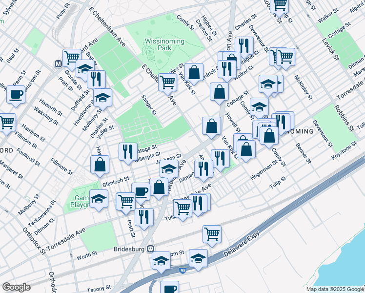 map of restaurants, bars, coffee shops, grocery stores, and more near 5350 Jackson Street in Philadelphia