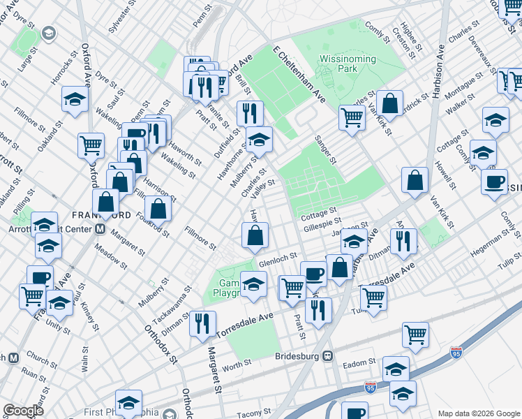 map of restaurants, bars, coffee shops, grocery stores, and more near 1894 Pratt Street in Philadelphia