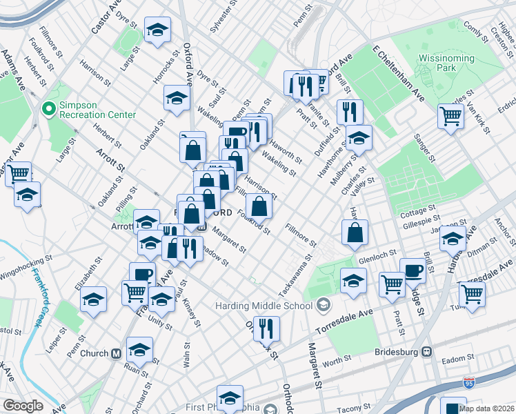 map of restaurants, bars, coffee shops, grocery stores, and more near 1663 Foulkrod Street in Philadelphia
