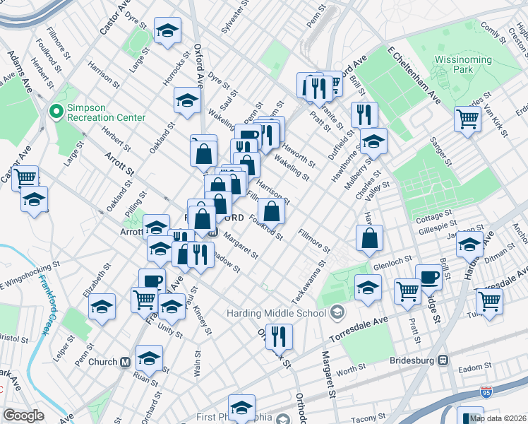 map of restaurants, bars, coffee shops, grocery stores, and more near 1663 Foulkrod Street in Philadelphia