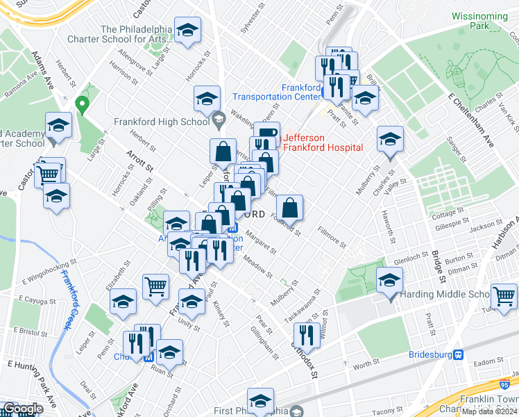map of restaurants, bars, coffee shops, grocery stores, and more near 4727 Salem Street in Philadelphia