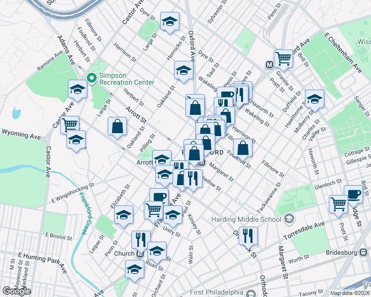 map of restaurants, bars, coffee shops, grocery stores, and more near 4653 Penn Street in Philadelphia