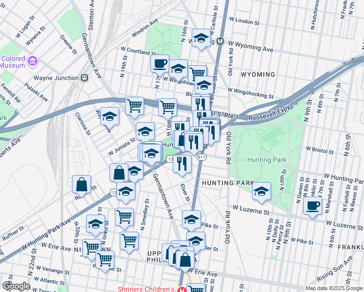 map of restaurants, bars, coffee shops, grocery stores, and more near 4212 North 15th Street in Philadelphia