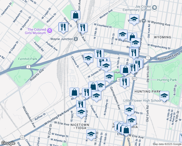 map of restaurants, bars, coffee shops, grocery stores, and more near 4179 Newhall Street in Philadelphia