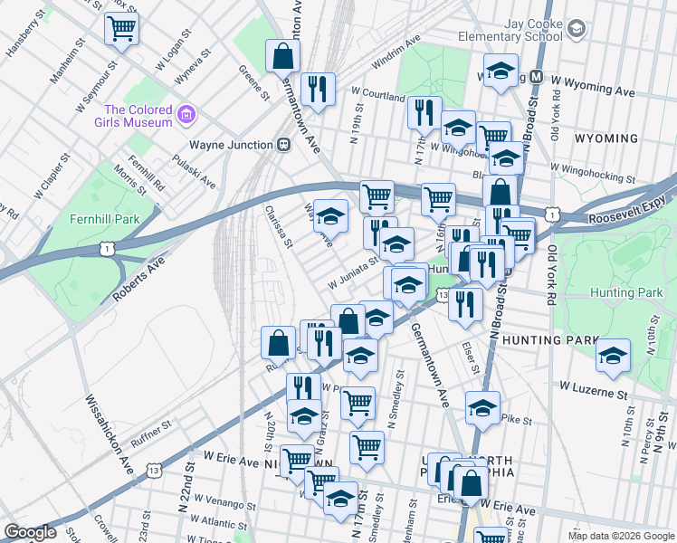 map of restaurants, bars, coffee shops, grocery stores, and more near 4179 Newhall Street in Philadelphia
