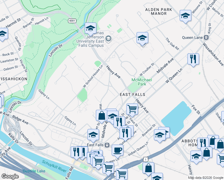 map of restaurants, bars, coffee shops, grocery stores, and more near 3408 Warden Drive in Philadelphia