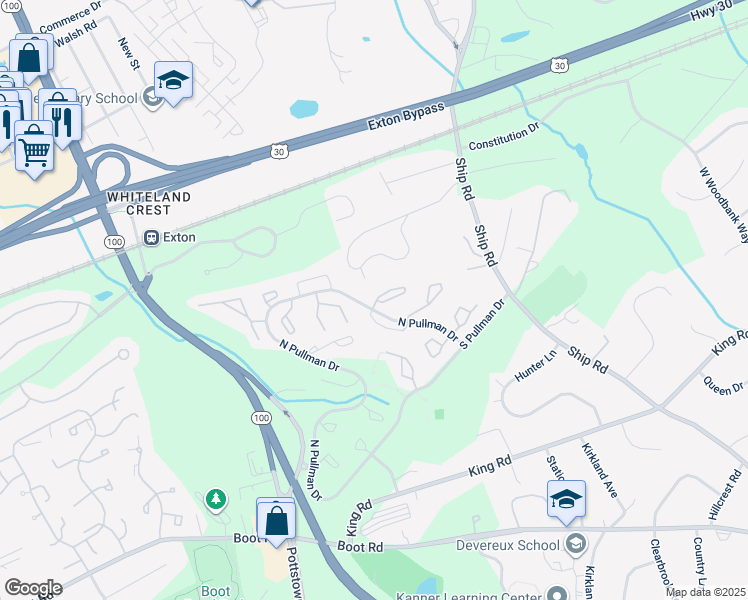 map of restaurants, bars, coffee shops, grocery stores, and more near 744 Chessie Court in West Chester