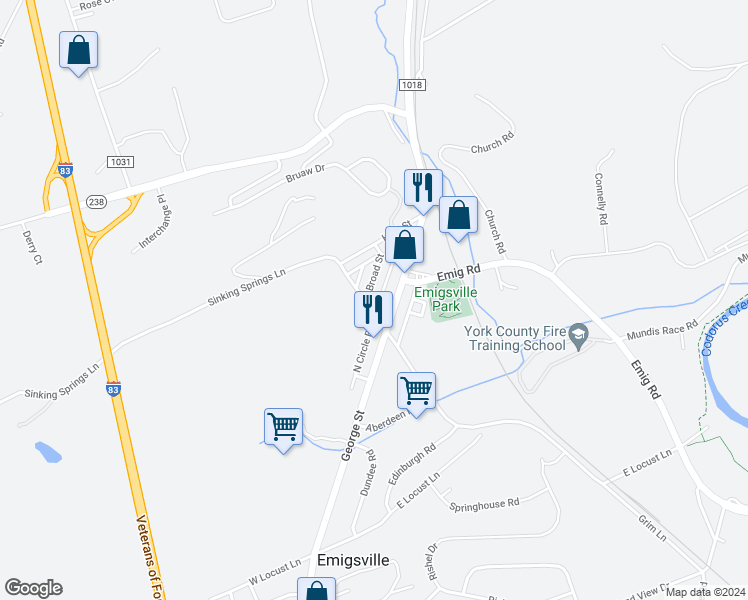 map of restaurants, bars, coffee shops, grocery stores, and more near 3220 North George Street in York