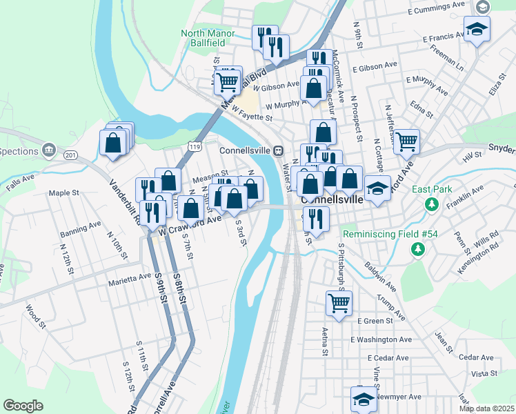 map of restaurants, bars, coffee shops, grocery stores, and more near 315 South 2nd Street in Connellsville