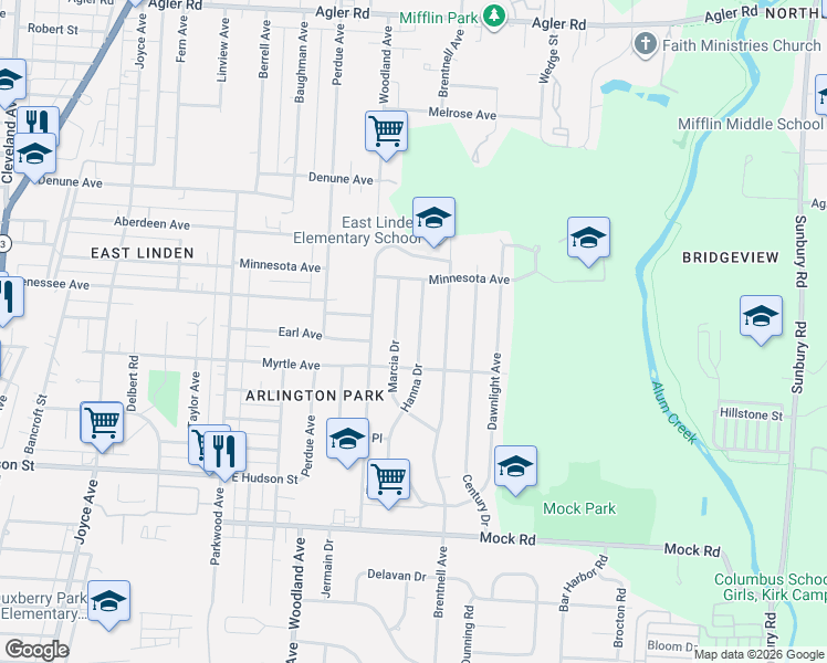 map of restaurants, bars, coffee shops, grocery stores, and more near 2354 Hanna Drive in Columbus