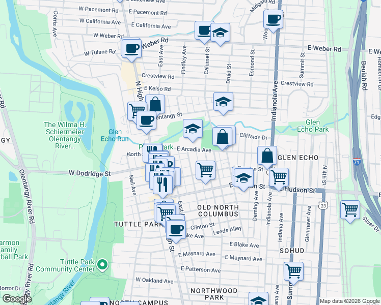 map of restaurants, bars, coffee shops, grocery stores, and more near in Columbus