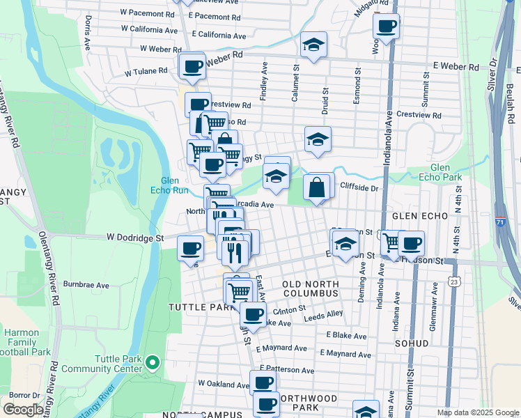 map of restaurants, bars, coffee shops, grocery stores, and more near 64 East Dodridge Street in Columbus