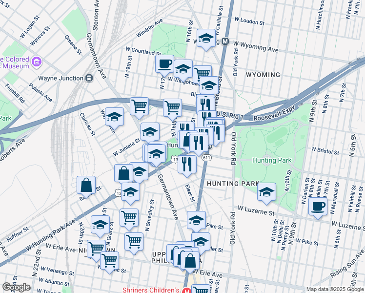 map of restaurants, bars, coffee shops, grocery stores, and more near 1514 Ruffner Street in Philadelphia