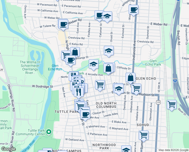 map of restaurants, bars, coffee shops, grocery stores, and more near in Columbus