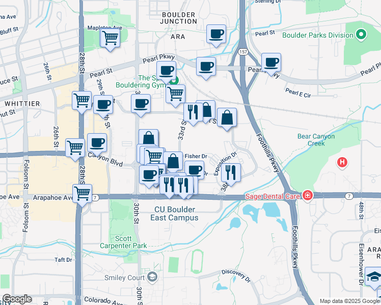 map of restaurants, bars, coffee shops, grocery stores, and more near 1750 33rd Street in Boulder