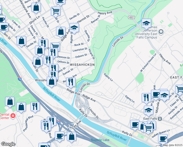 map of restaurants, bars, coffee shops, grocery stores, and more near 3551 Retta Street in Philadelphia