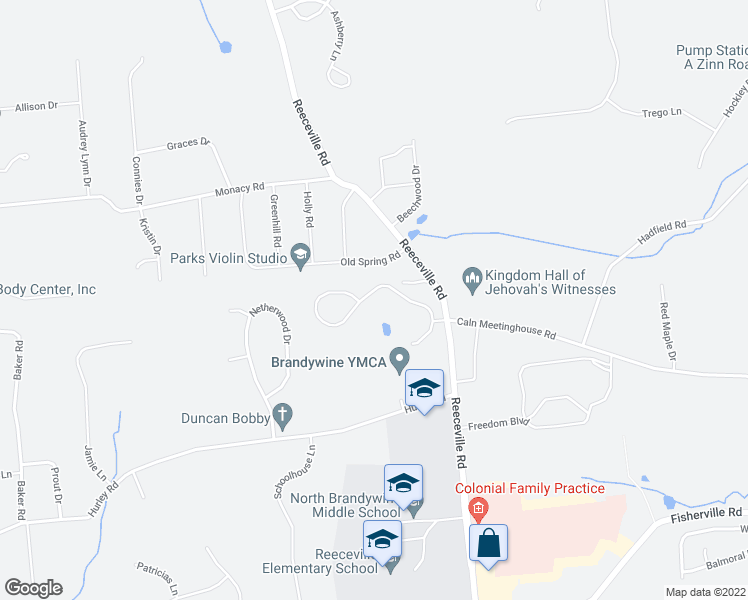 map of restaurants, bars, coffee shops, grocery stores, and more near 38 North Hawthorne Road in Coatesville