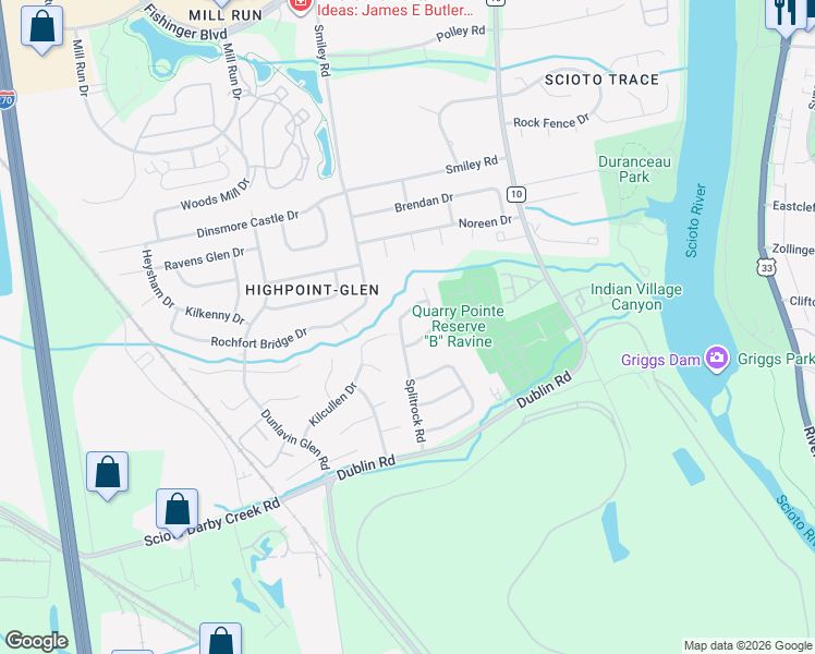 map of restaurants, bars, coffee shops, grocery stores, and more near 3084 Splitrock Road in Columbus