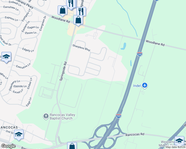 map of restaurants, bars, coffee shops, grocery stores, and more near 62 Fieldcrest Drive in Westampton