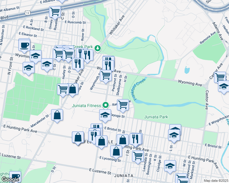 map of restaurants, bars, coffee shops, grocery stores, and more near 4579 Penhurst Street in Philadelphia