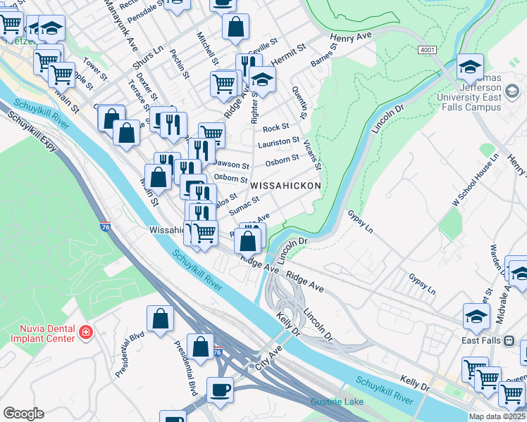 map of restaurants, bars, coffee shops, grocery stores, and more near 127 Rochelle Ave in Philadelphia