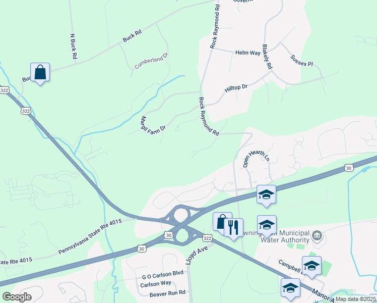 map of restaurants, bars, coffee shops, grocery stores, and more near 332 Rock Raymond Road in Downingtown