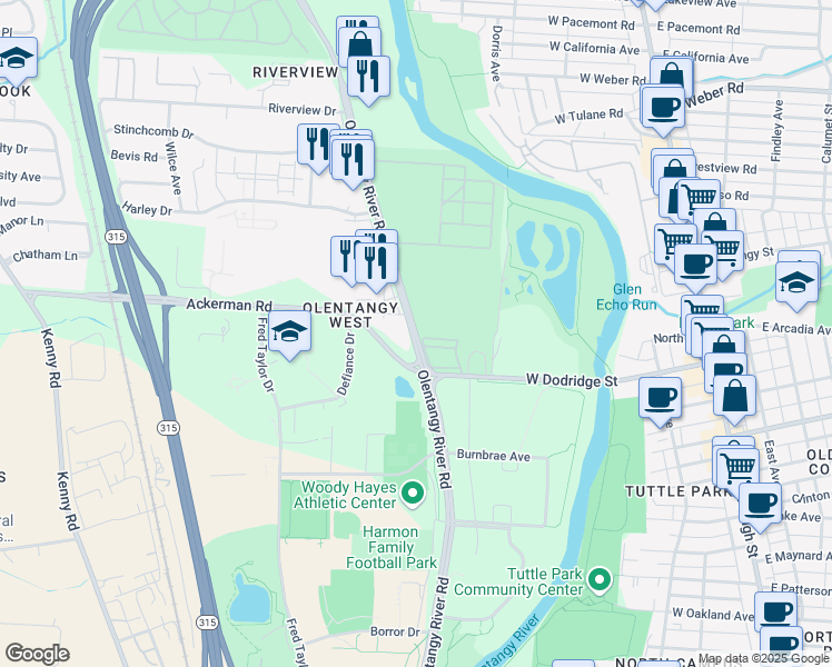 map of restaurants, bars, coffee shops, grocery stores, and more near 3110 Olentangy River Road in Columbus