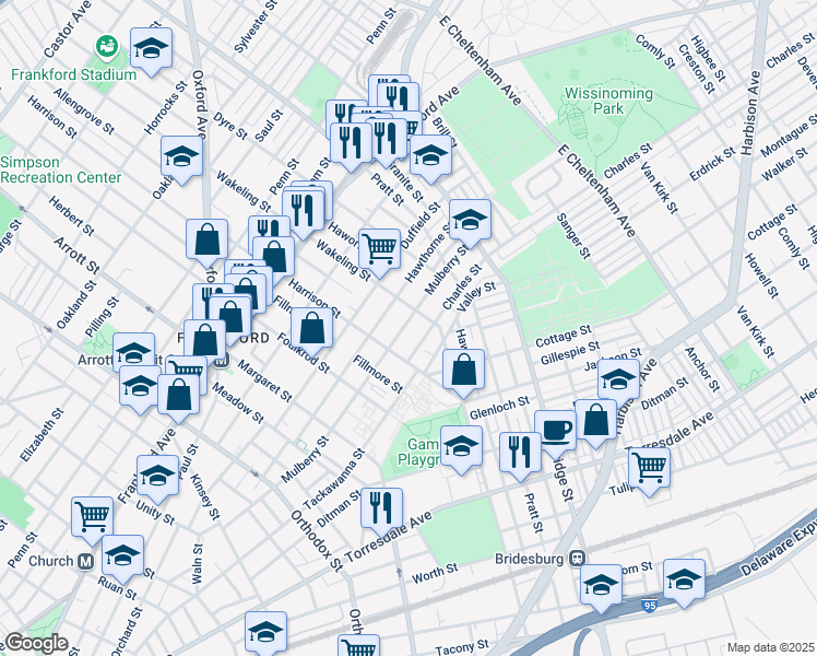 map of restaurants, bars, coffee shops, grocery stores, and more near 4935 Mulberry Street in Philadelphia