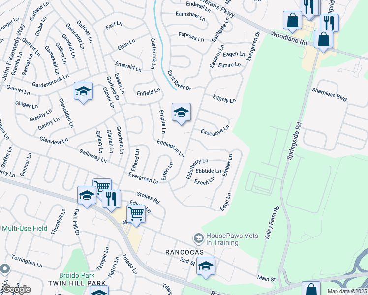 map of restaurants, bars, coffee shops, grocery stores, and more near 104 Evergreen Drive in Willingboro