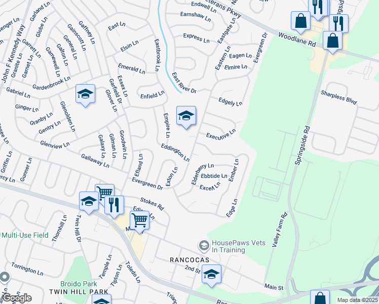 map of restaurants, bars, coffee shops, grocery stores, and more near 104 Evergreen Drive in Willingboro