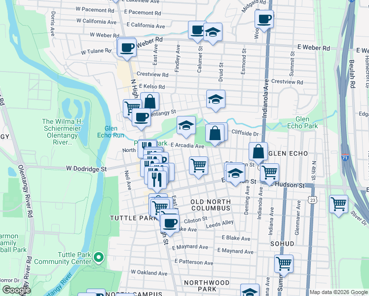 map of restaurants, bars, coffee shops, grocery stores, and more near in Columbus