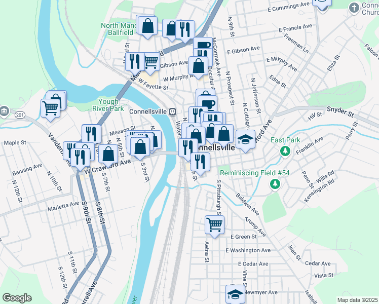 map of restaurants, bars, coffee shops, grocery stores, and more near 115 North Arch Street in Connellsville
