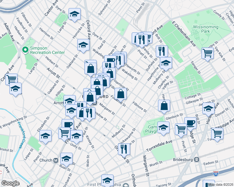 map of restaurants, bars, coffee shops, grocery stores, and more near 1663 Foulkrod Street in Philadelphia
